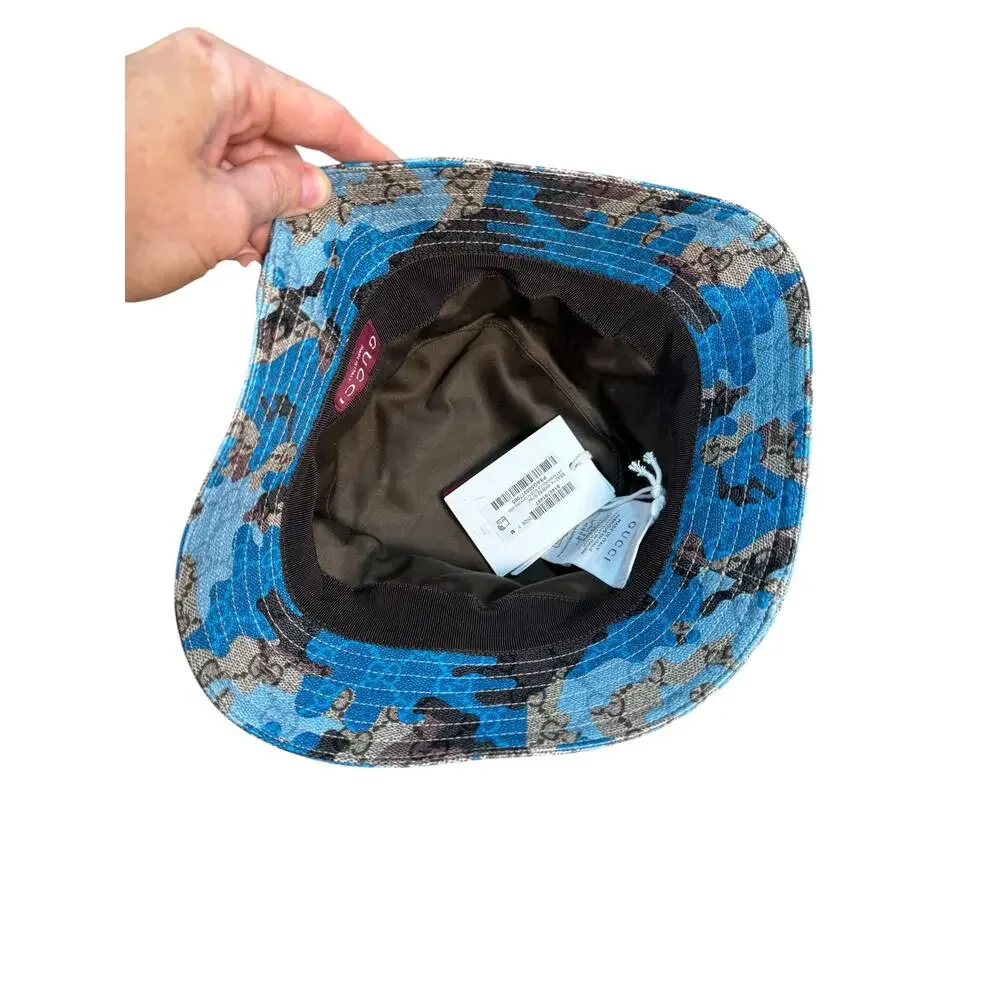 NWT Gucci GG Supreme Canvas Bucket Hat M 58cm Blue Camo Unisex